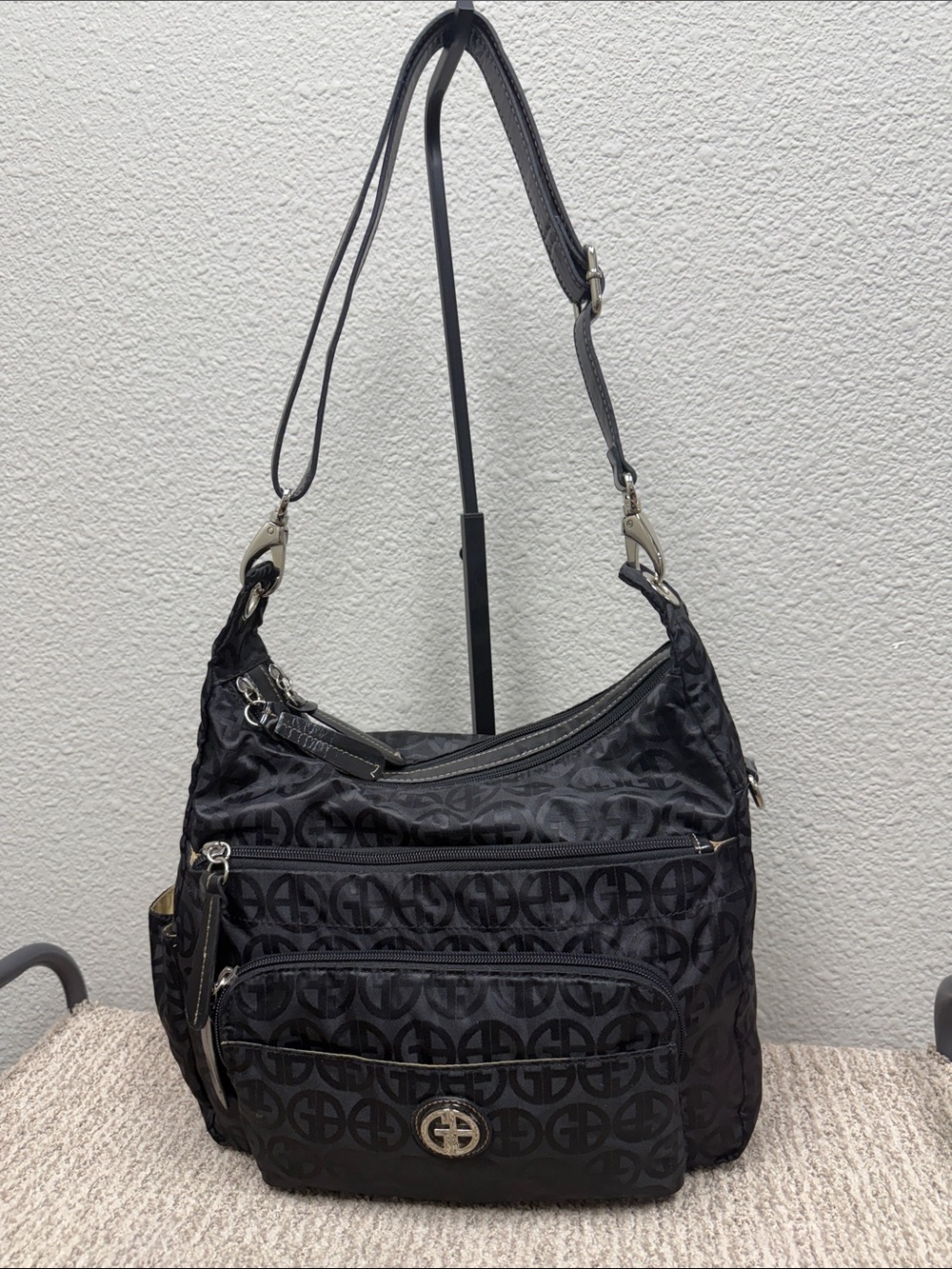 Black Patterned Logo-Print Shoulder Bag with Front Zip Pockets